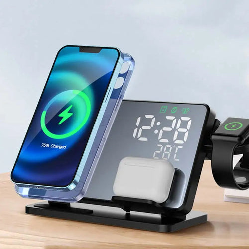 Skanto | 3-i-1 Hurtiglade Stasjon | Premium Trådløs Hurtiglading Docking Stasjon med Vekkerklokke | for Apple iPhone, Klokke & AirPods