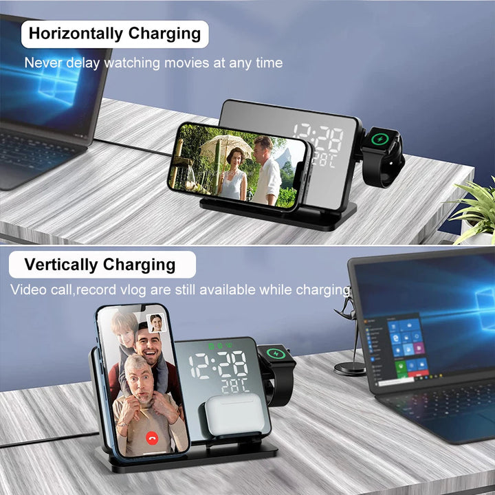 Skanto | 3-i-1 Hurtiglade Stasjon | Premium Trådløs Hurtiglading Docking Stasjon med Vekkerklokke | for Apple iPhone, Klokke & AirPods