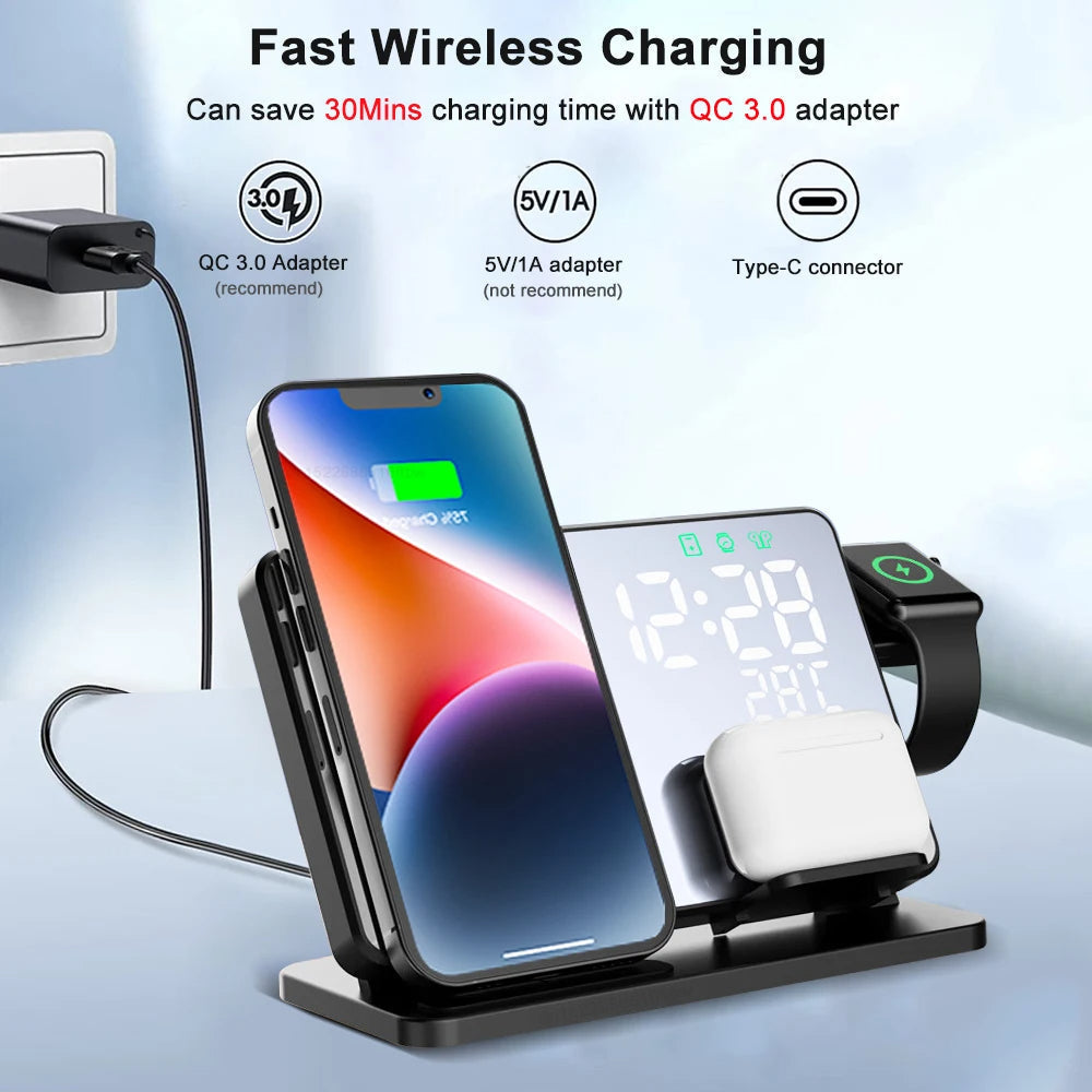 Skanto | 3-i-1 Hurtiglade Stasjon | Premium Trådløs Hurtiglading Docking Stasjon med Vekkerklokke | for Apple iPhone, Klokke & AirPods