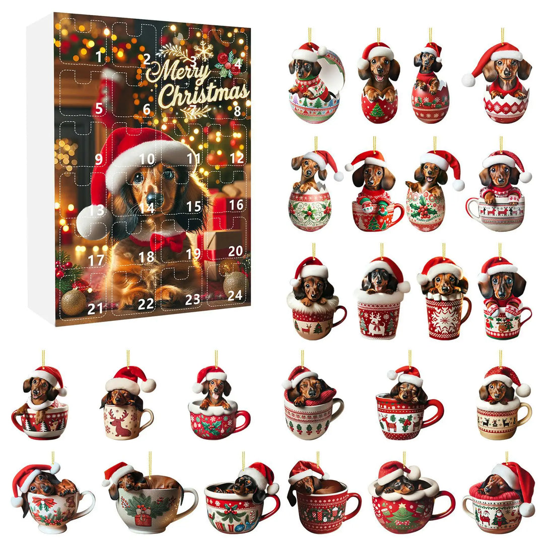 Skanto | Jule Adventskalender med Dachshund Tema – 24 Dagers Nedtelling og Dekorativ Akryldesign