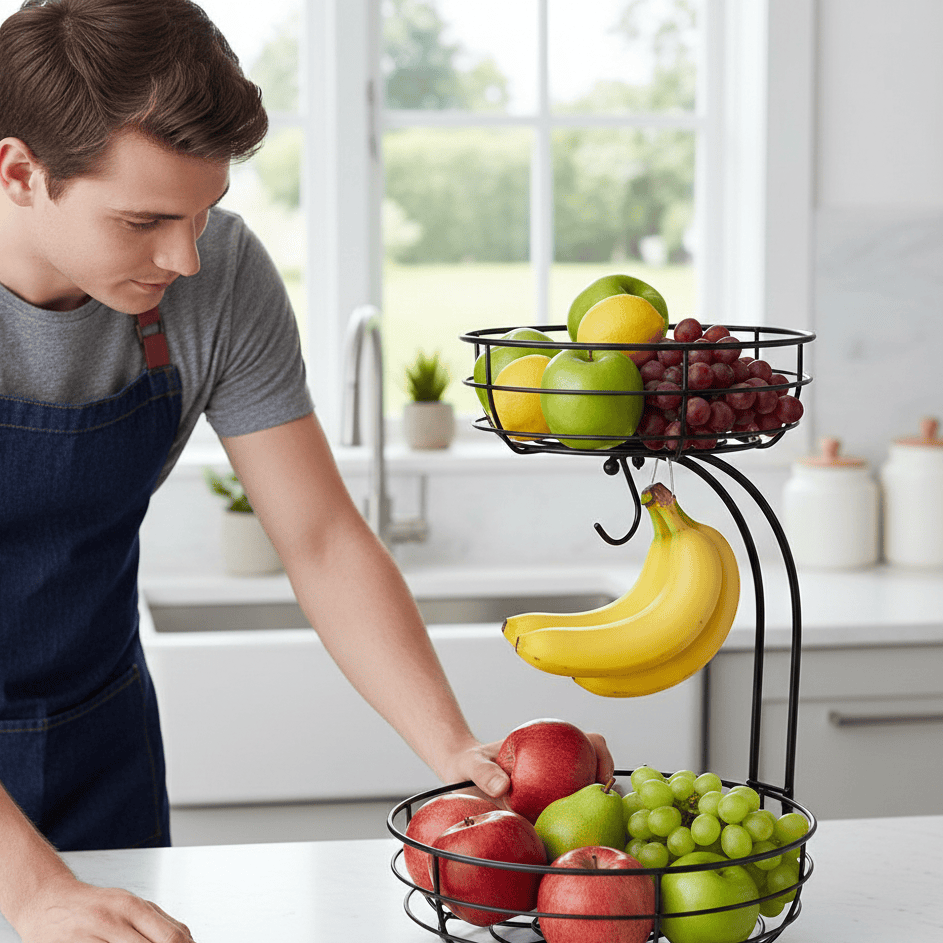 Skanto | 2-nivå fruktkurv med bananstativ for stilfull kjøkkenorganisering