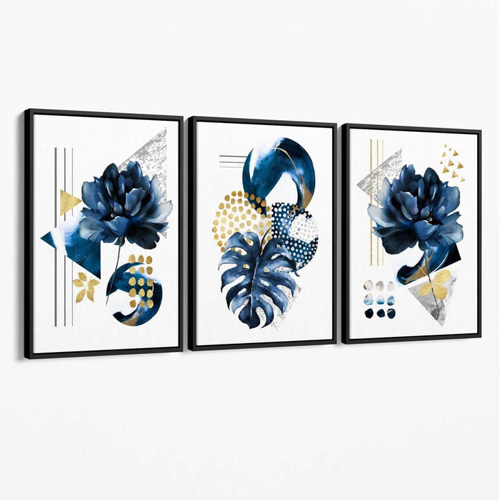 Abstrakte marineblå og gullfargede 3-delte blomstertrykk på lerret