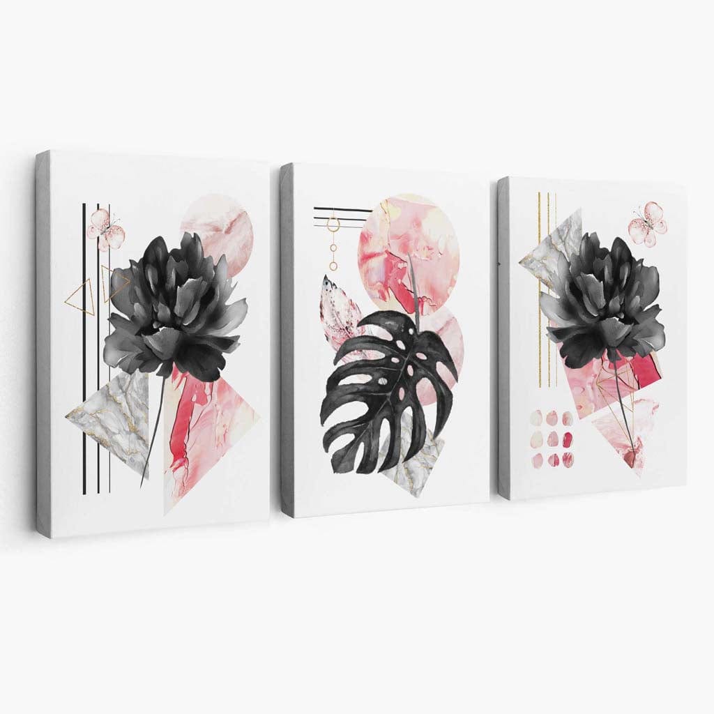 Abstrakt rosa og svart sett med 3 blomsterdekorerte lerretsbilder
