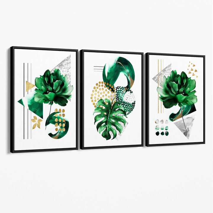 Abstrakt grønt og gullfarget blomstermotiv, sett med 3 lerret
