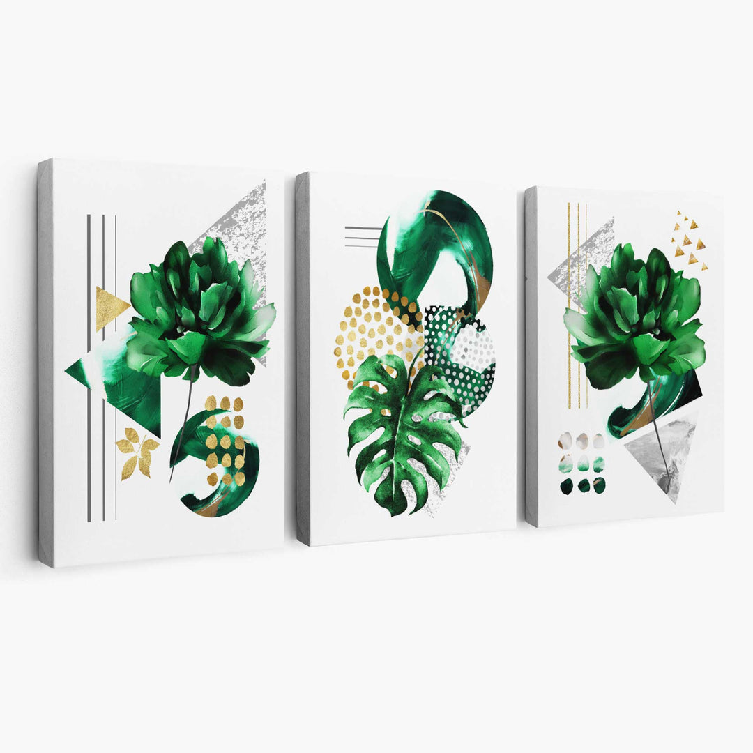 Abstrakt grønt og gullfarget blomstermotiv, sett med 3 lerret