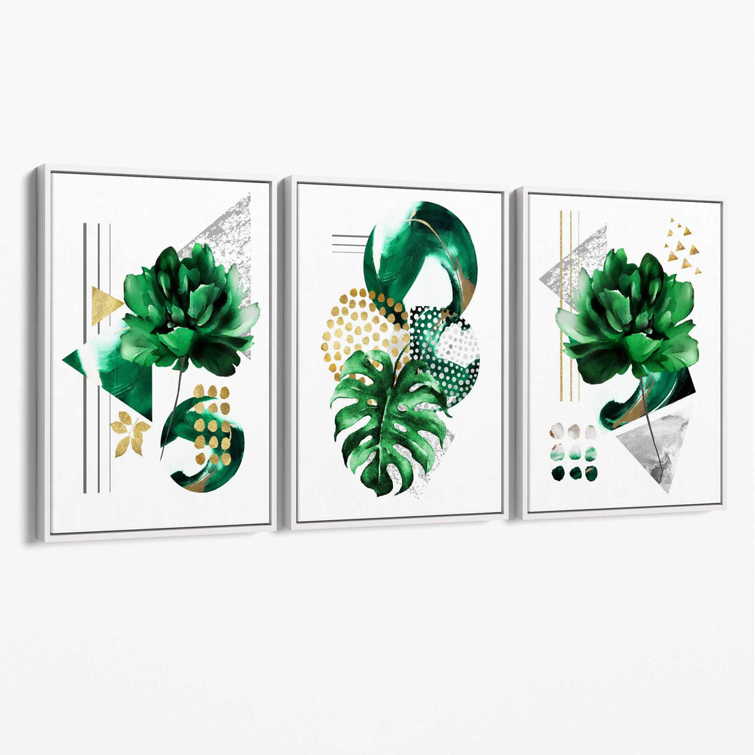Abstrakt grønt og gullfarget blomstermotiv, sett med 3 lerret