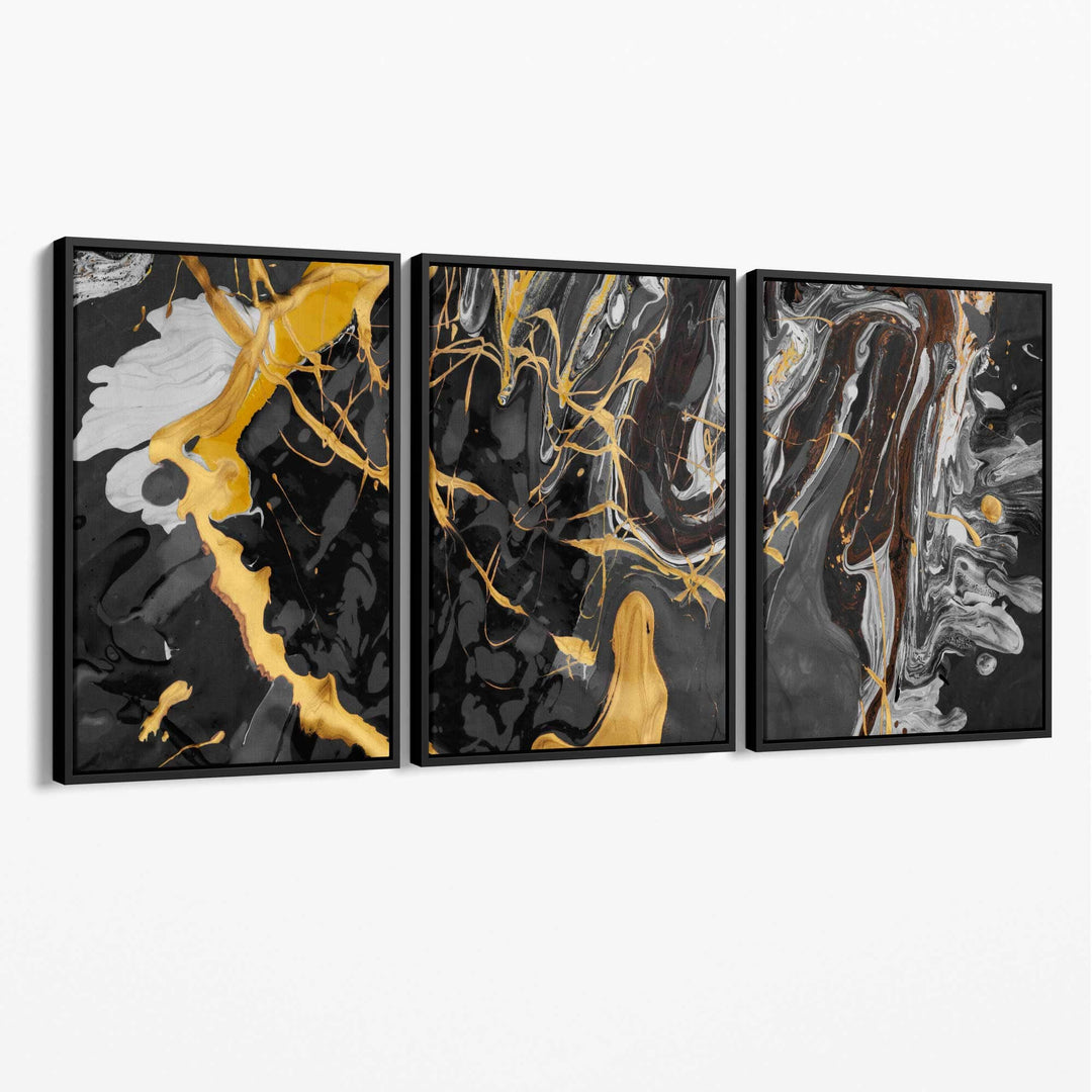 Abstrakt svart og gult kunstsett med 3 lerret