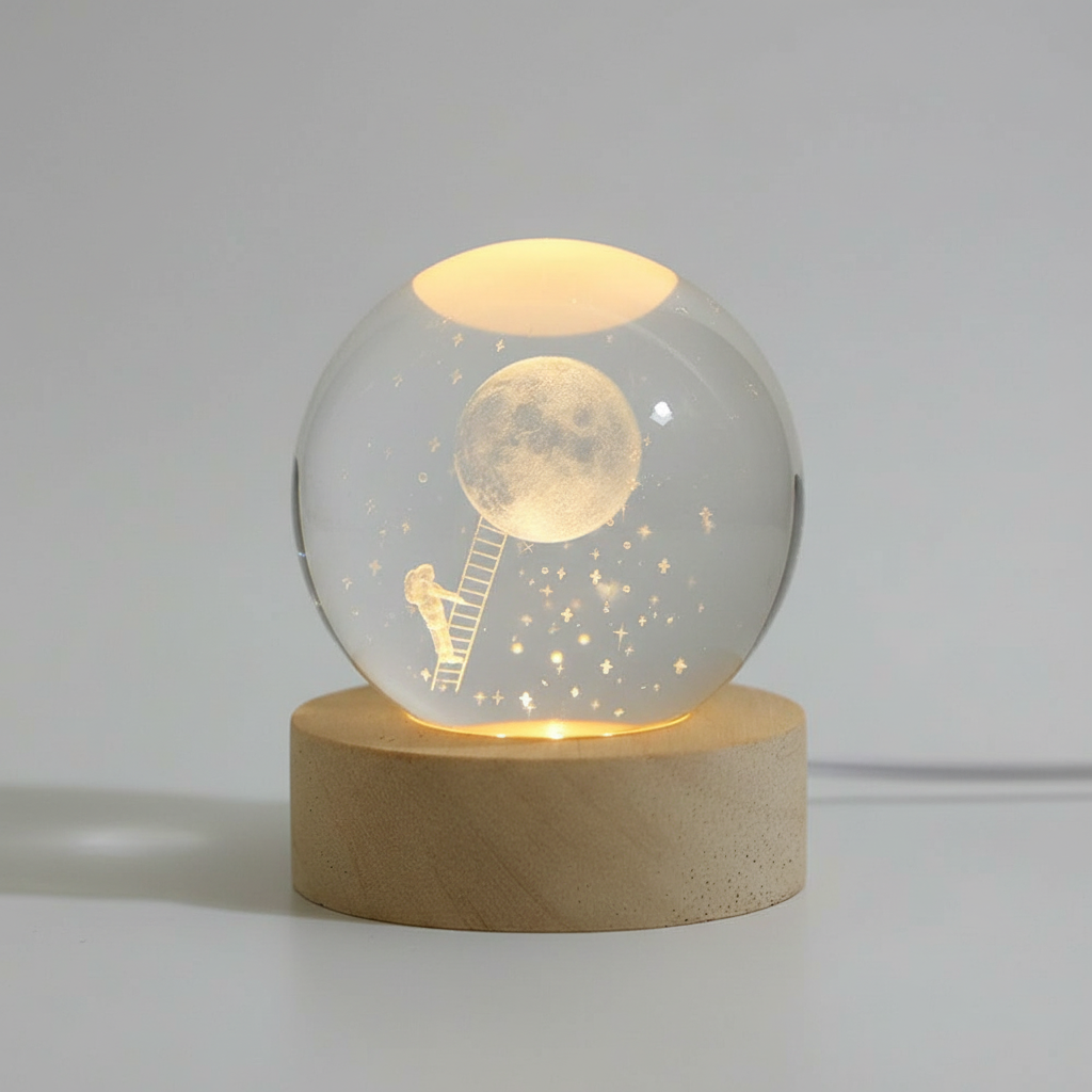 AstroGlobe 3D Lampe – Spherical Wooden Table Lamp with Warm LED Light and Planet Design | Skanto