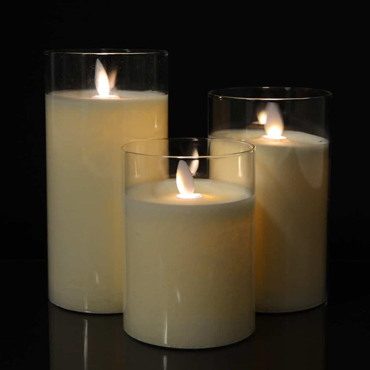LED lys i glass med bevegelig flamme og fjernkontroll -Hvit- 3 stk. | Skanto