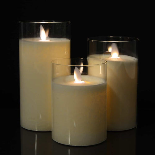LED lys i glass med bevegelig flamme og fjernkontroll -Hvit- 3 stk. | Skanto