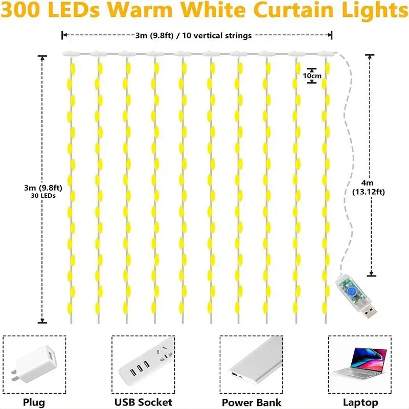 Skanto | Luminora LED Gardinbelysning – 300 Varmehvite Lyspærer med Fjernkontroll, USB & Timerfunksjon (IP65 Vanntett)