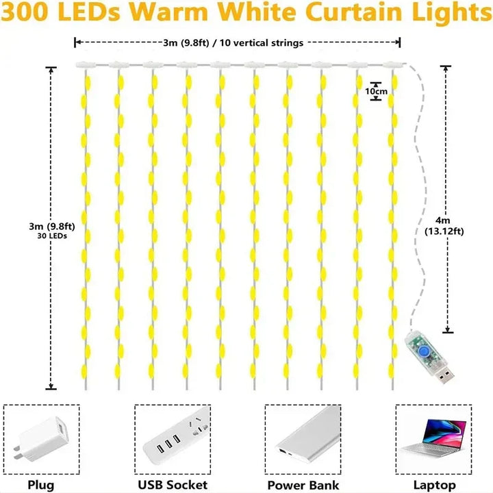 Skanto | Luminora LED Gardinbelysning – 300 Varmehvite Lyspærer med Fjernkontroll, USB & Timerfunksjon (IP65 Vanntett)