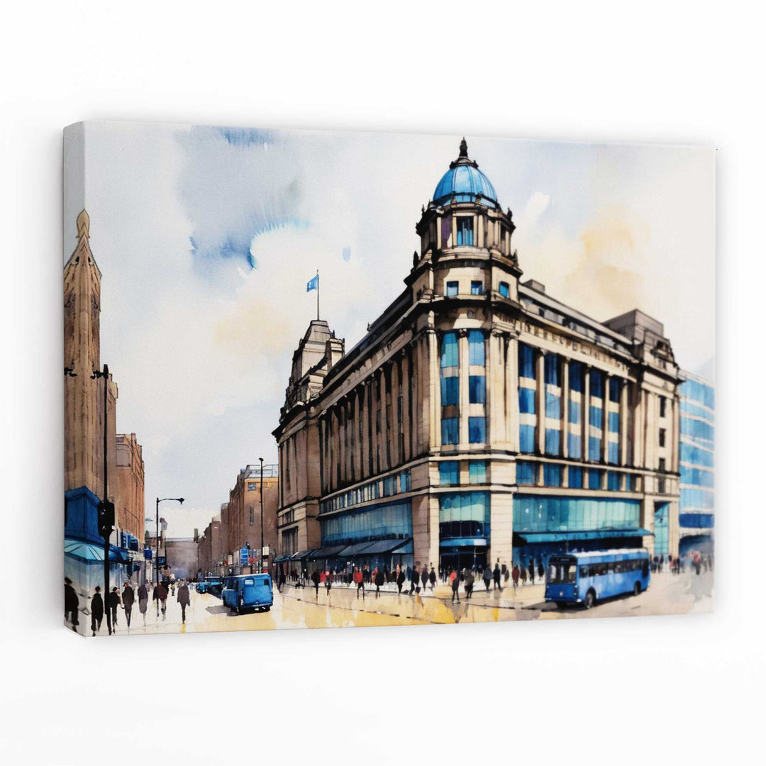 Abstrakt veggmaleri med den ikoniske Manchester City-bygningen i art deco-stil