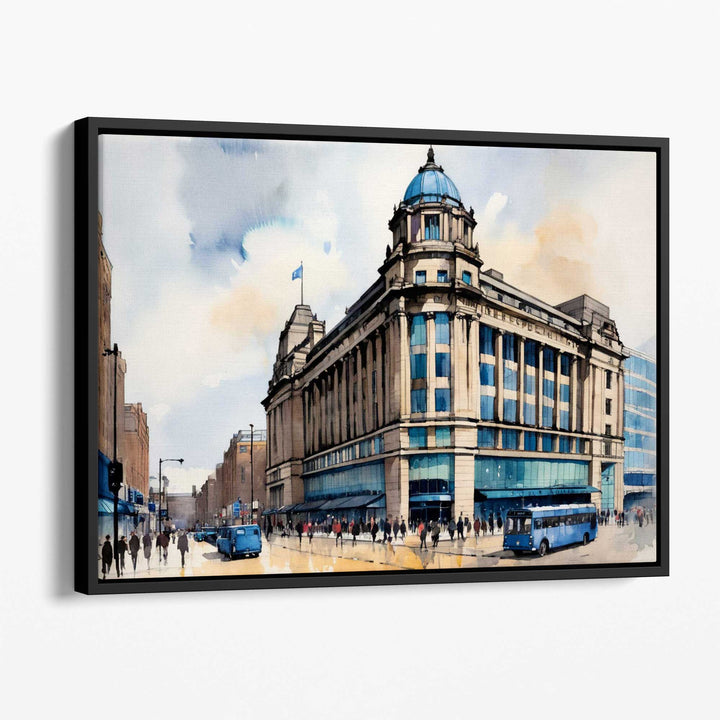 Abstrakt veggmaleri med den ikoniske Manchester City-bygningen i art deco-stil