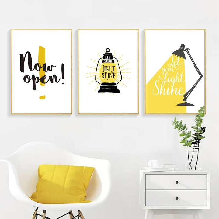 La ditt lys skinne Inspirerende sitater veggkunst Gul Svart lerretstrykk Daglig mantra Positivitet plakatbilder For stue soverom kontor kunstdekorasjon | Skanto