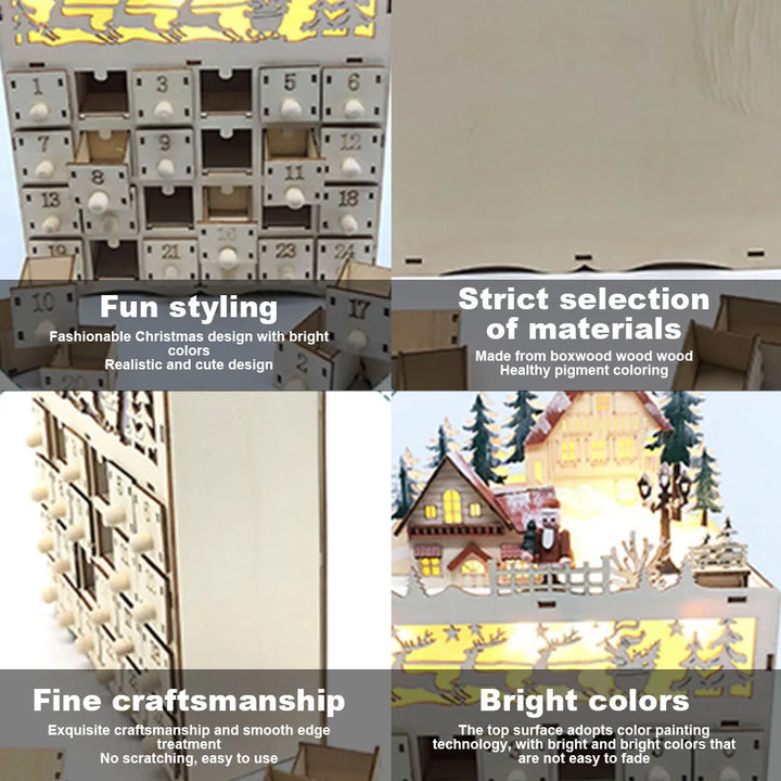 Skanto | LumiFest Wooden Advent Calendar – 24 Compartments with Warm LED Light & Christmas Atmosphere
