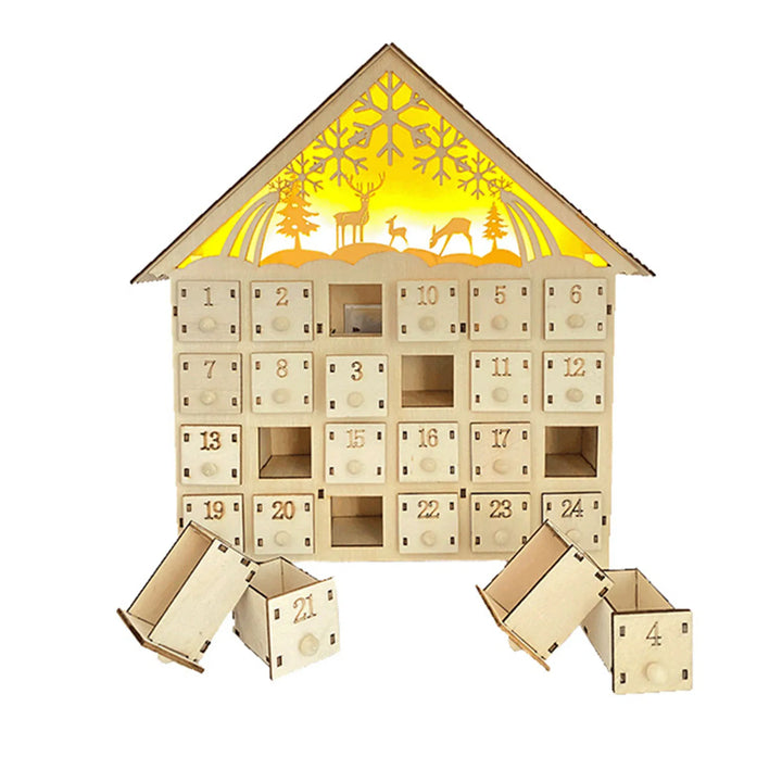 Skanto | LumiFest Wooden Advent Calendar – 24 Compartments with Warm LED Light & Christmas Atmosphere