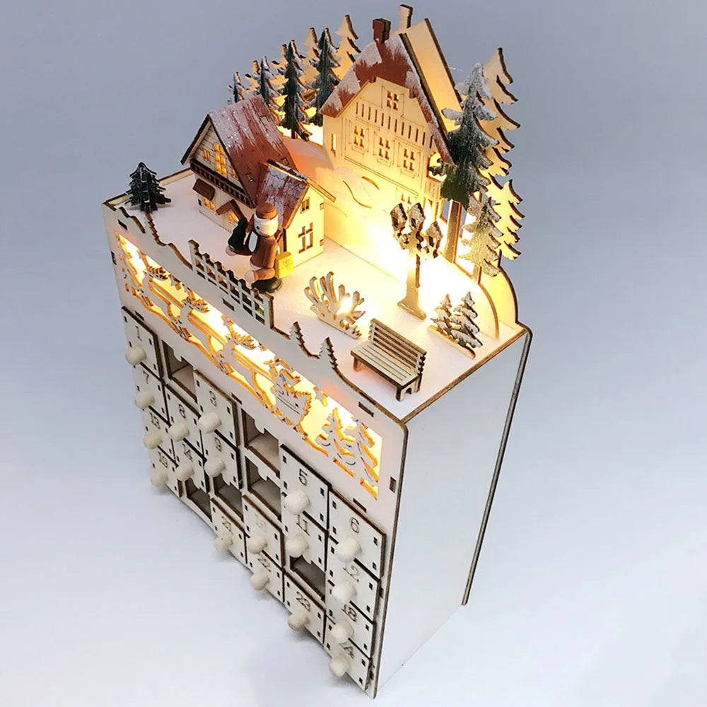 Skanto | LumiFest Wooden Advent Calendar – 24 Compartments with Warm LED Light & Christmas Atmosphere