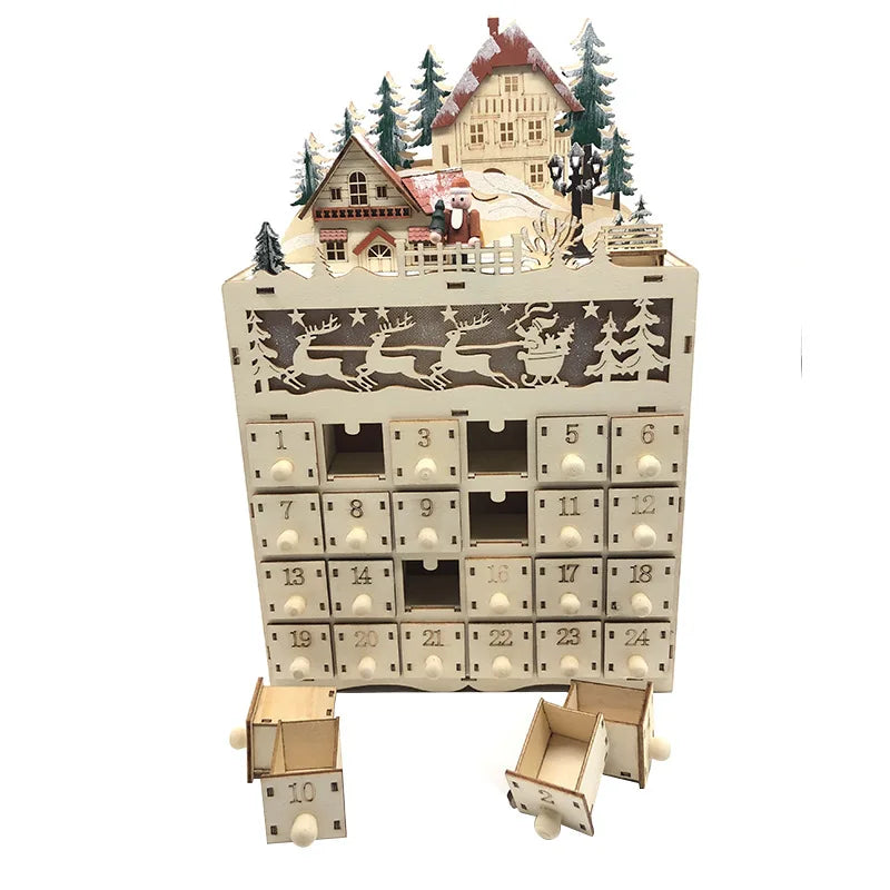 Skanto | LumiFest Wooden Advent Calendar – 24 Compartments with Warm LED Light & Christmas Atmosphere