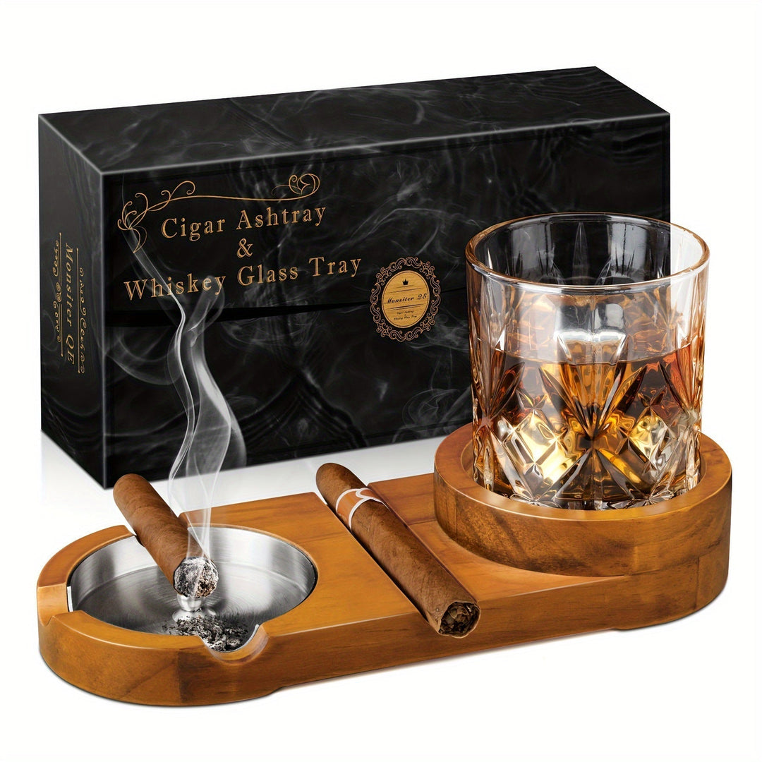 CigarOakAschenbecher mit Whiskyhalter – Luksuriøs Holztablett für Zigarrenliebhaber