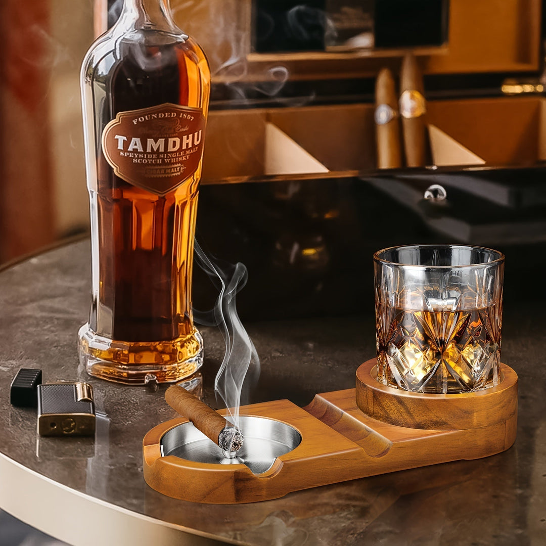 Skanto | CigarOak Askebeger med Whiskeyholder – Luksus Treskuff for Sigarelskere