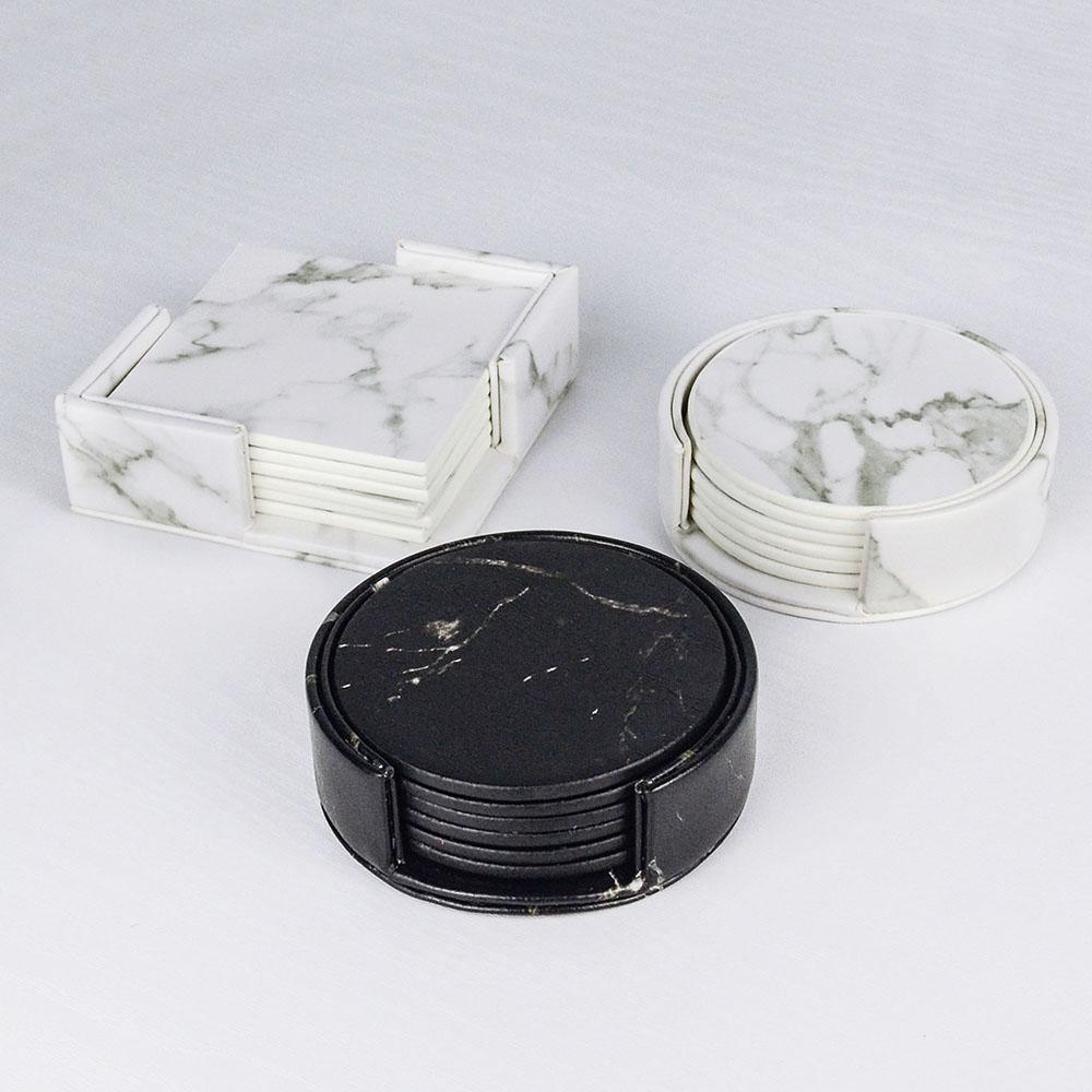 Skanto | Kystlinje Vegansk Skinn Coaster Sett | Marmorutseende | Stilfull Beskyttelse for Overflater