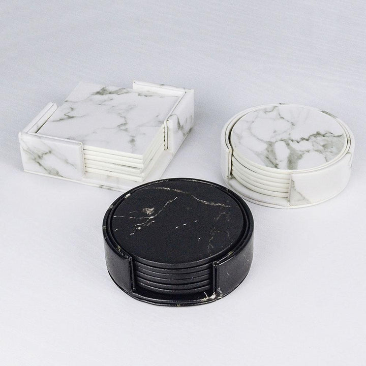 Skanto | Kystlinje Vegansk Skinn Coaster Sett | Marmorutseende | Stilfull Beskyttelse for Overflater