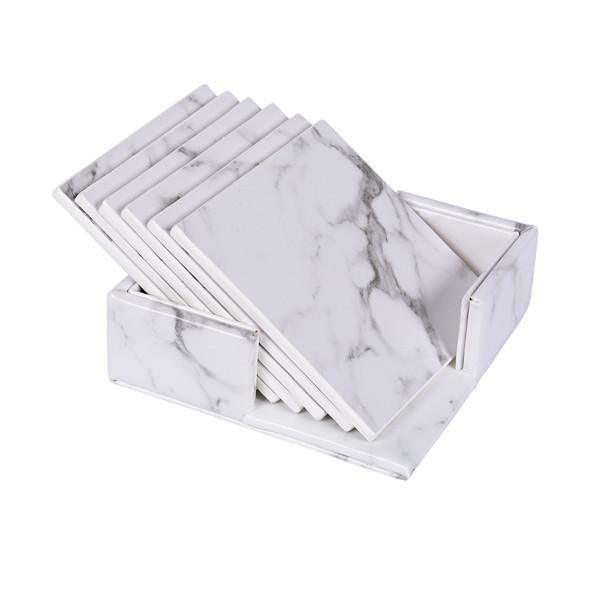 Skanto | Kystlinje Vegansk Skinn Coaster Sett | Marmorutseende | Stilfull Beskyttelse for Overflater