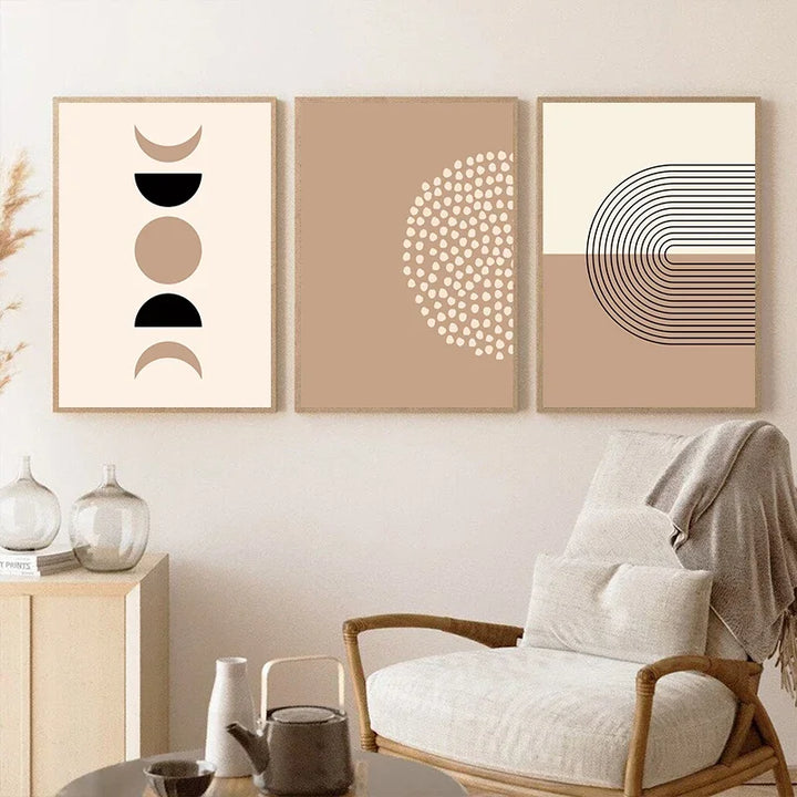 Minimalistisk abstrakt geometrisk månefaser linjekunst veggkunst fine art lerrettrykk bilder for moderne leilighet stue nordisk interiør | Skanto