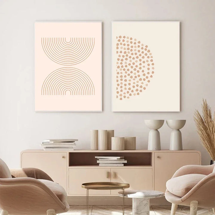 Minimalistisk abstrakt geometrisk månefaser linjekunst veggkunst fine art lerrettrykk bilder for moderne leilighet stue nordisk interiør | Skanto
