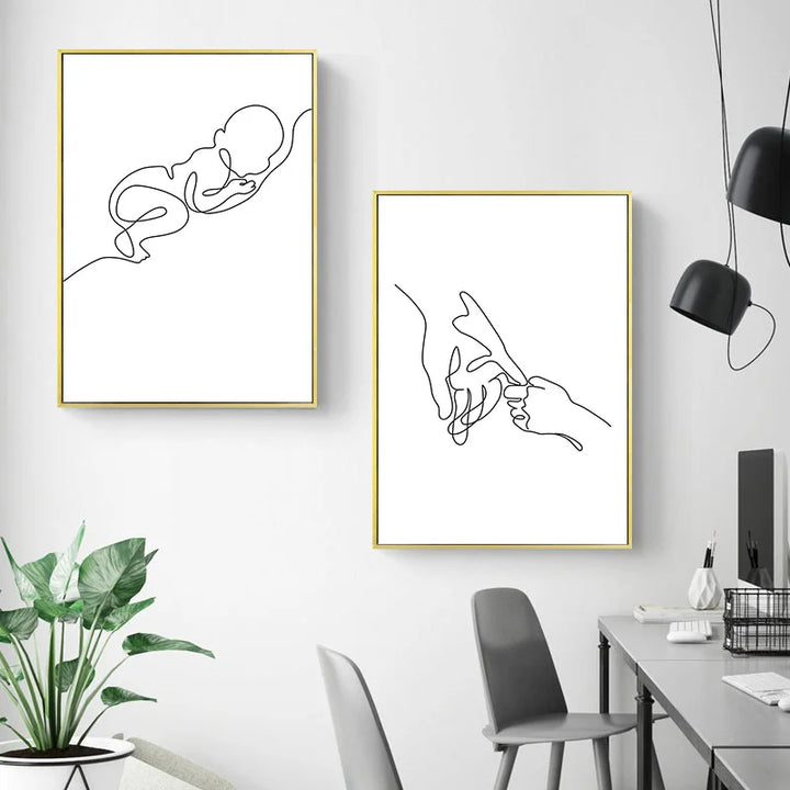 Minimalistisk svart-hvitt linjekunst veggkunst Fin kunst lerretsutskrifter Familieinspirerte figurer kunst Inspirasjonsbilder for moderne interiør | Skanto