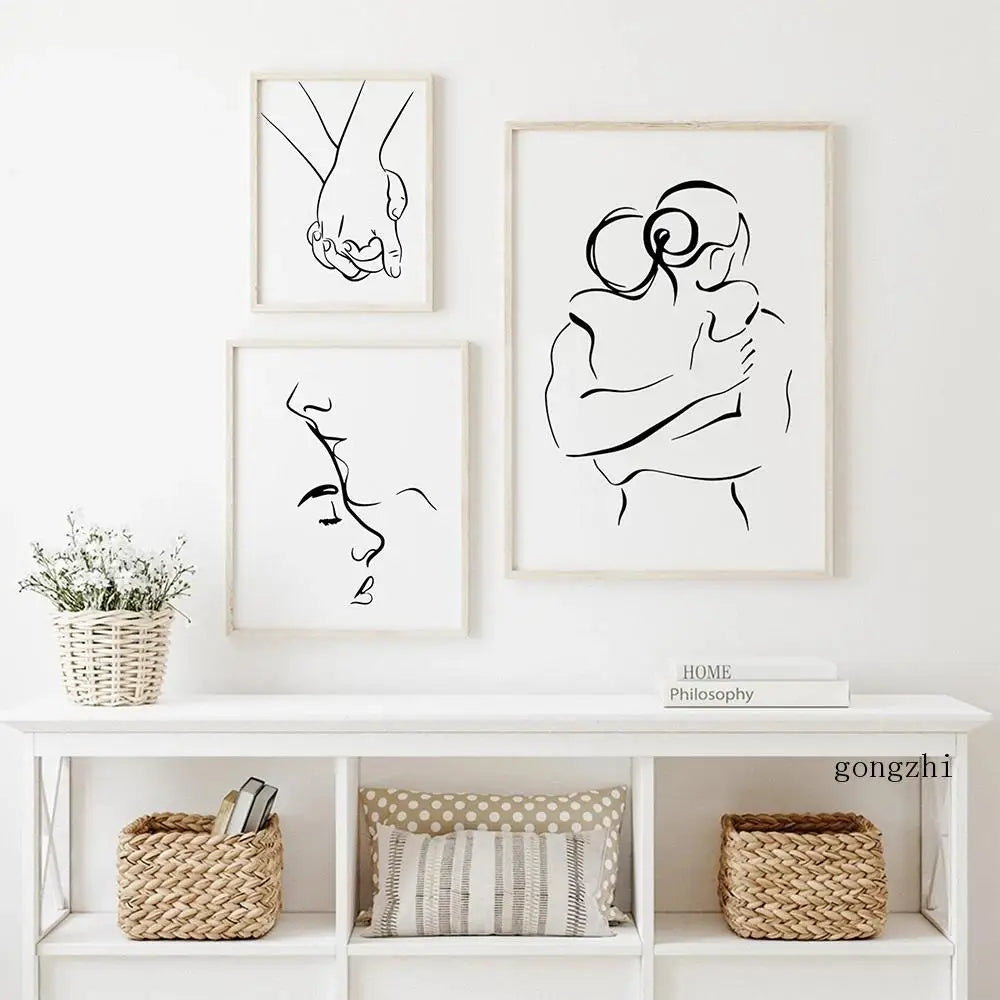 Minimalistiske linjekunst elskere svart hvit veggkunst fine art lerretstrykk plakater bilder for soverom stue romantiske par kunst for moderne interiør | Skanto