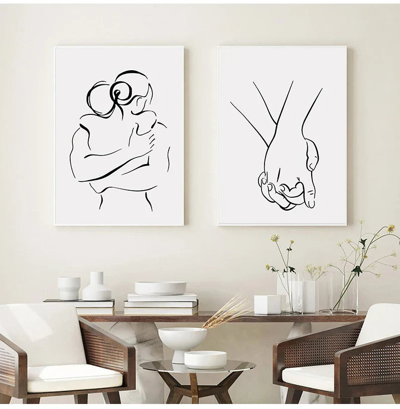 Minimalistiske linjekunst elskere svart hvit veggkunst fine art lerretstrykk plakater bilder for soverom stue romantiske par kunst for moderne interiør | Skanto