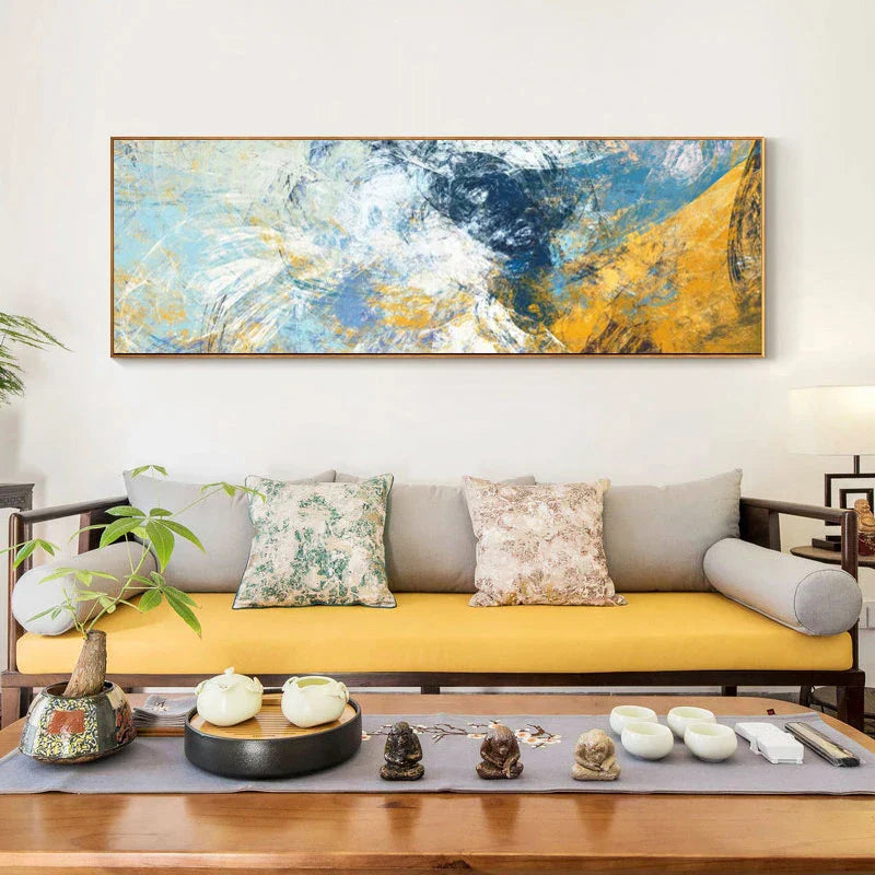 Moderne abstrakte blå og gule fargeprikker veggkunst Fine Art lerrettrykk bredformatbilder for over sofaen soveroms kunst for over sengen | Skanto