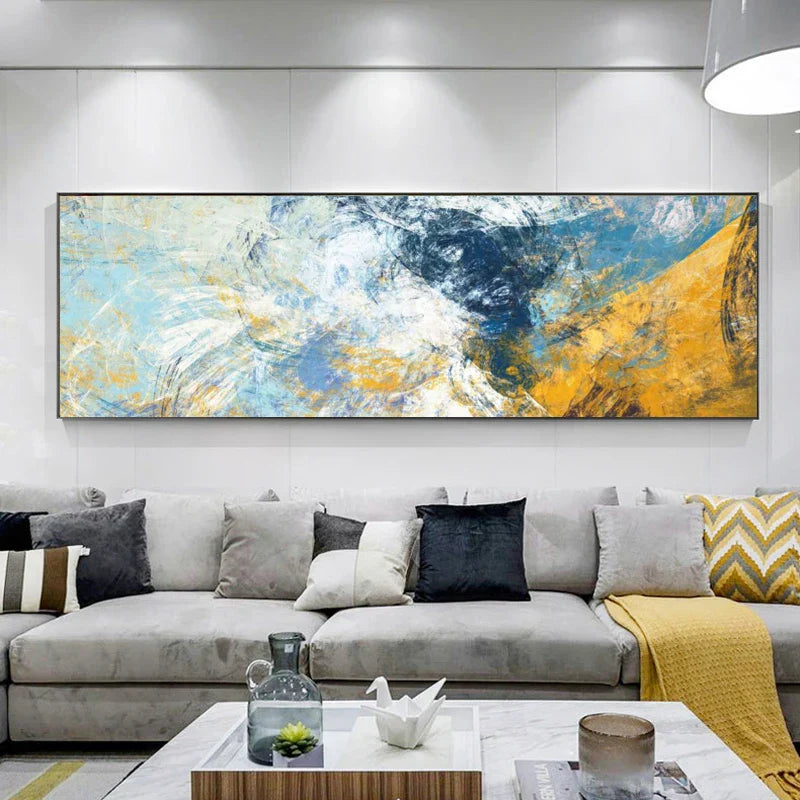 Moderne abstrakte blå og gule fargeprikker veggkunst Fine Art lerrettrykk bredformatbilder for over sofaen soveroms kunst for over sengen | Skanto