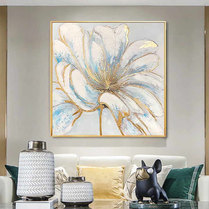 Moderne abstrakte blomster veggkunst Fine Art lerretutskrifter kvadratisk format hvite gull blomsterbilder for stue soverom kunstdekorasjon | Skanto