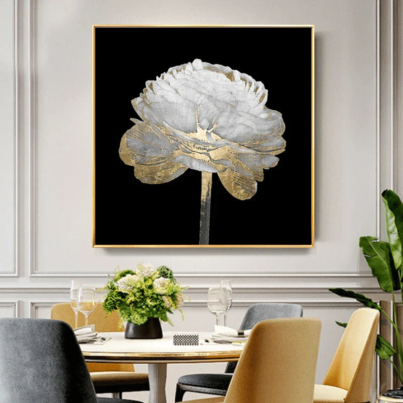 Moderne abstrakte blomster veggkunst Fine Art lerretutskrifter kvadratisk format hvite gull blomsterbilder for stue soverom kunstdekorasjon | Skanto