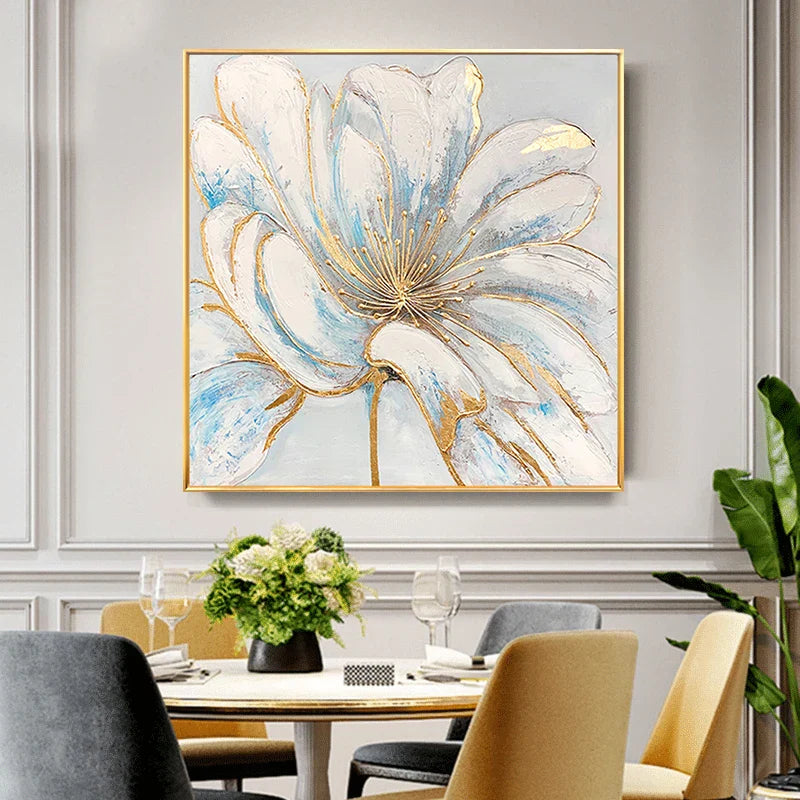 Moderne abstrakte blomster veggkunst Fine Art lerretutskrifter kvadratisk format hvite gull blomsterbilder for stue soverom kunstdekorasjon | Skanto