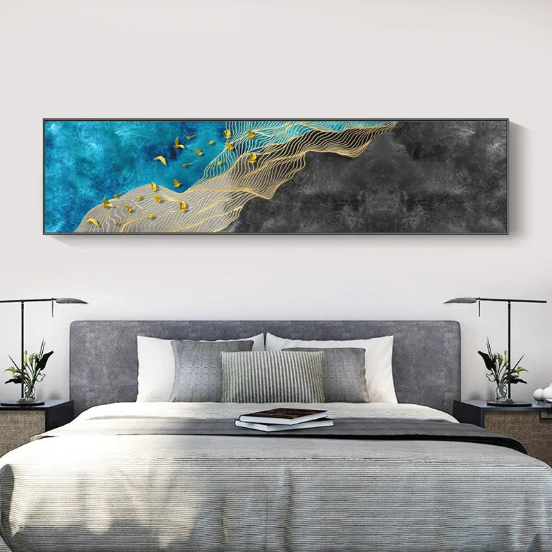 Abstrakte Gyldne Fugl I Den Blå Himmelen Bredformat Veggkunst Fine Art Lerretsutskrifter Bilde For Over Sengen Kunst For Over Sofaen | Skanto