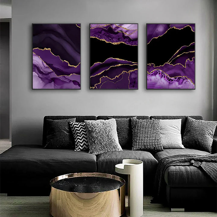 Moderne abstrakt flytende lilla svarte marmortrykk veggkunst Fine Art lerretstrykk bilder for stue spisestue hjemmekontor kunstdekorasjon | Skanto