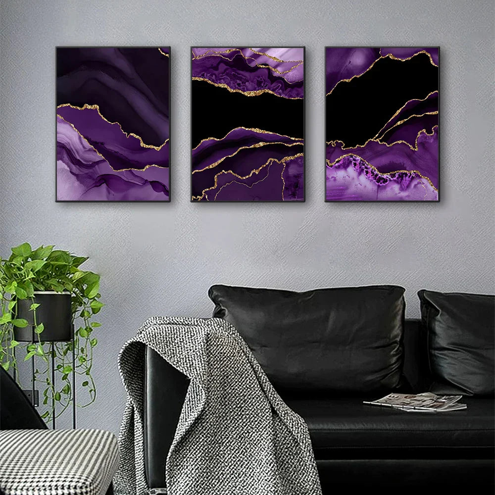 Moderne abstrakt flytende lilla svarte marmortrykk veggkunst Fine Art lerretstrykk bilder for stue spisestue hjemmekontor kunstdekorasjon | Skanto
