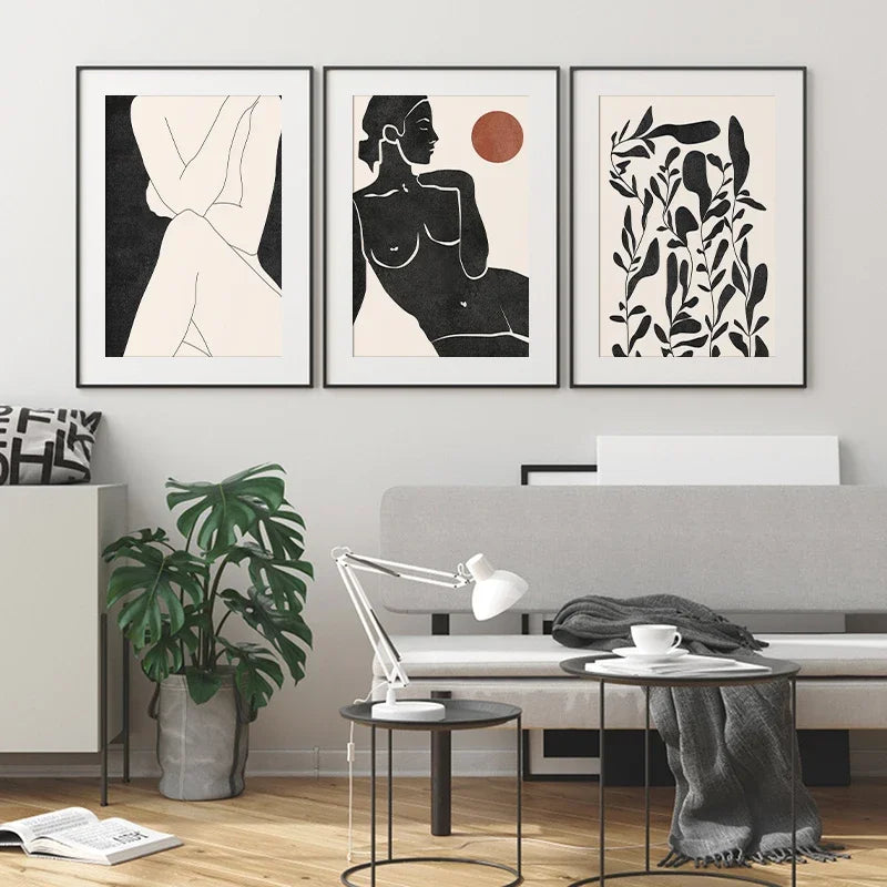 Moderne abstrakte minimalistische feminine kroppskunst linjekunst veggkunst Fine Art lerrettrykk svart hvitt plakatbilder for moderne interiør | Skanto