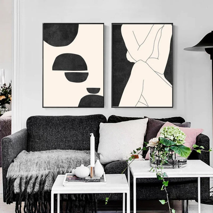 Moderne abstrakte minimalistische feminine kroppskunst linjekunst veggkunst Fine Art lerrettrykk svart hvitt plakatbilder for moderne interiør | Skanto