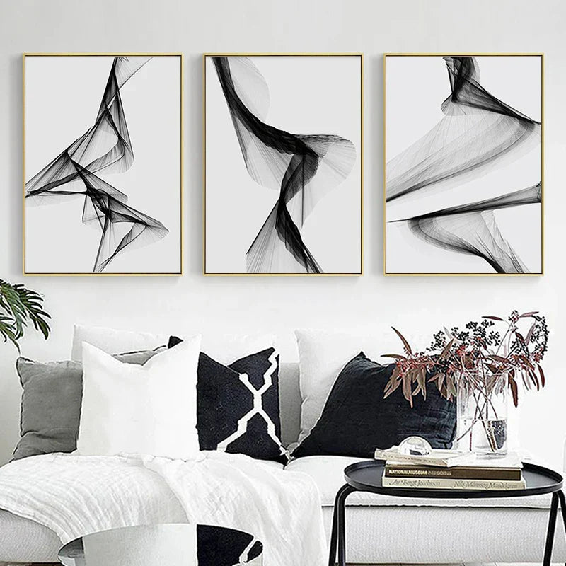 Moderne Abstrakte Minimalistiske Geometriske Flytende Linjer Veggkunst Fin Kunst Lerretsutskrifter Svart Hvit Bilder For Moderne Leilighet Stue Dekor | Skanto