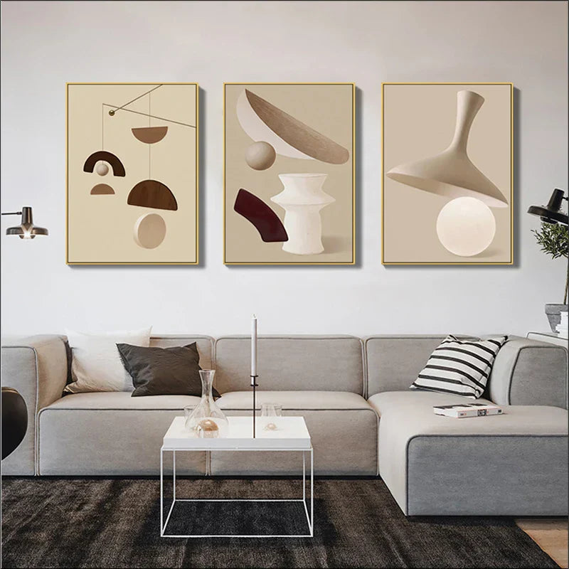 Moderne abstrakte surreale Geometri Veggkunst fine kunst lerretstrykk nøytrale toner bilder for stue spisestue soverom kunst dekor | Skanto