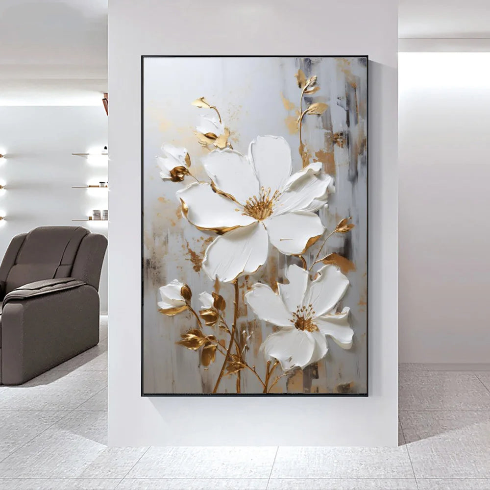 Moderne abstrakt hvite blomster veggkunst fine kunst lerret trykk lett luksuriøse botaniske bilder for stue inngangshall vegg | Skanto