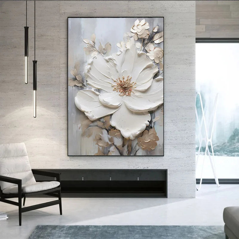 Moderne abstrakt hvite blomster veggkunst fine kunst lerret trykk lett luksuriøse botaniske bilder for stue inngangshall vegg | Skanto