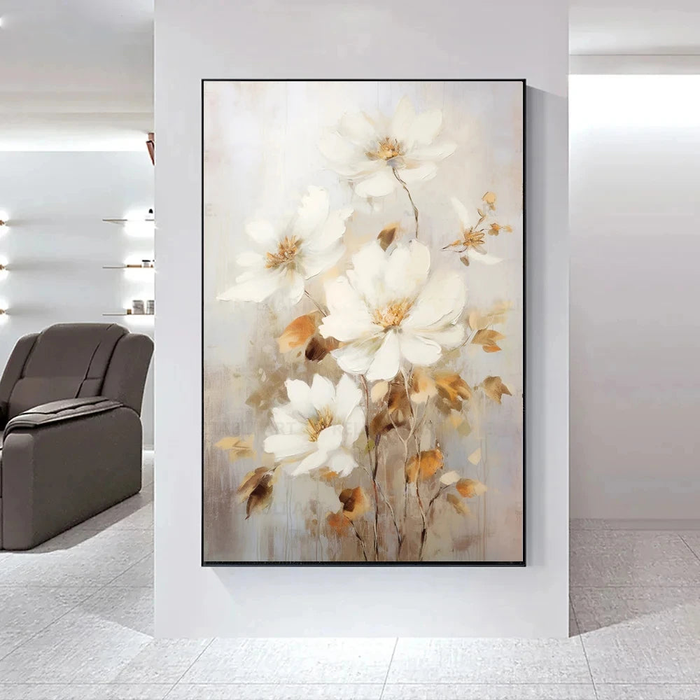 Moderne abstrakt hvite blomster veggkunst fine kunst lerret trykk lett luksuriøse botaniske bilder for stue inngangshall vegg | Skanto