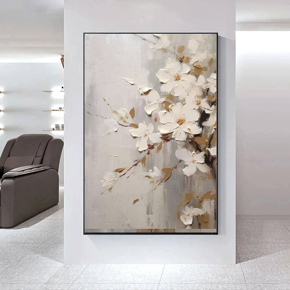 Moderne abstrakt hvite blomster veggkunst fine kunst lerret trykk lett luksuriøse botaniske bilder for stue inngangshall vegg | Skanto