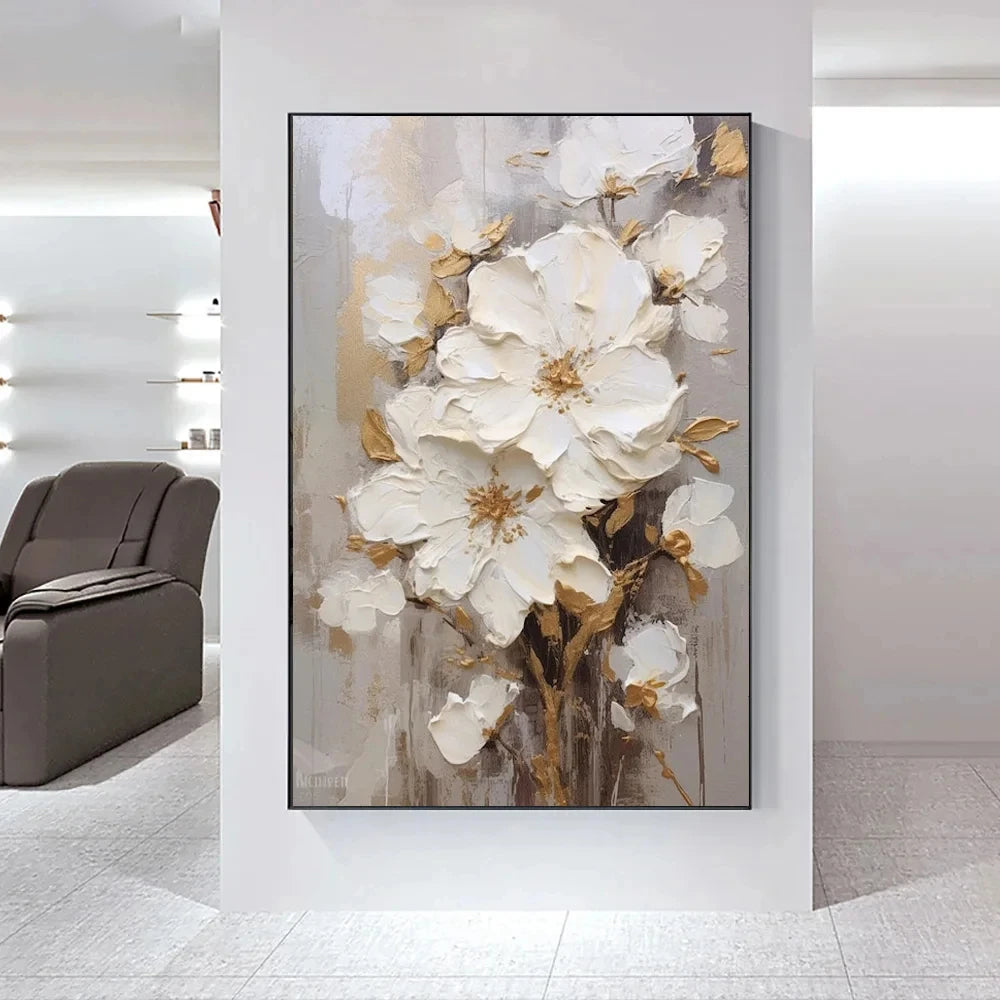 Moderne abstrakt hvite blomster veggkunst fine kunst lerret trykk lett luksuriøse botaniske bilder for stue inngangshall vegg | Skanto
